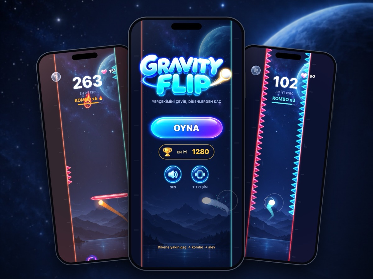 Gravity Flip game screens: the Play menu, a combo with a flaming ball, and a narrowing corridor lined with spikes